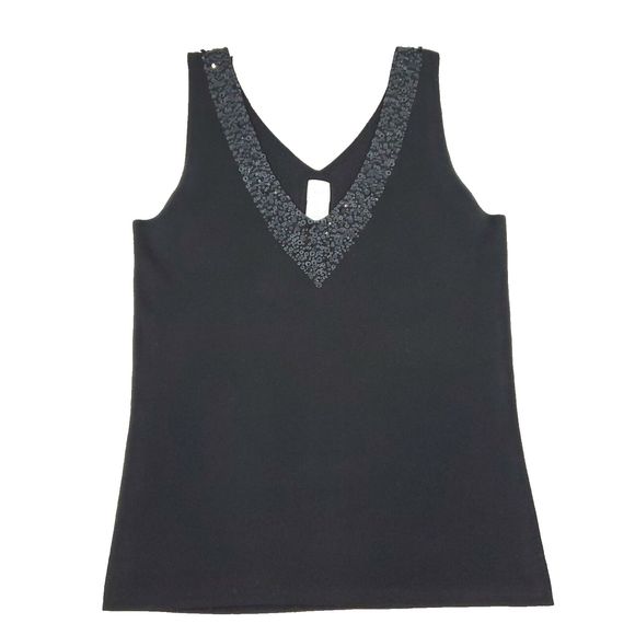 Garnet Hill Sequin Sparkly Vneck Tank Top Silk Blend Black Sz S Beaded - Picture 1 of 9